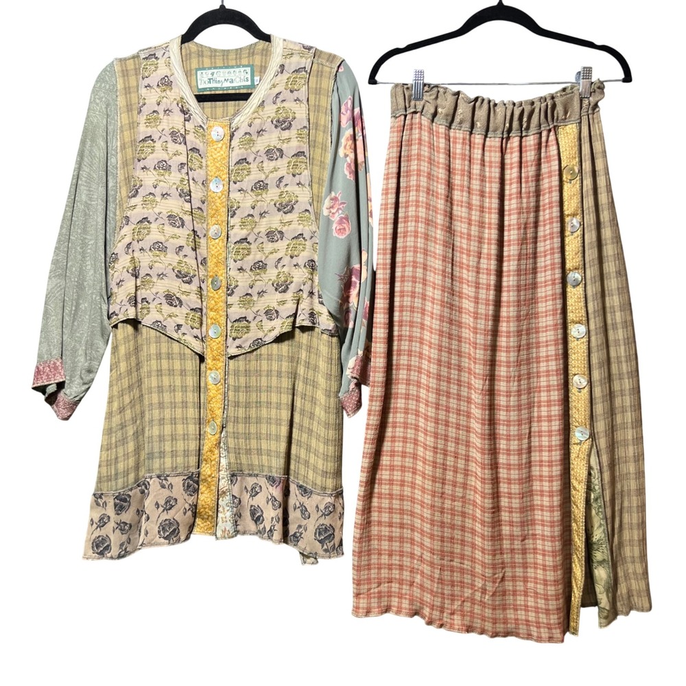 Nothing Matches Vintage 2 Piece Set Tunic Maxi Skirt Mixed‎ Print Boho S M 90s